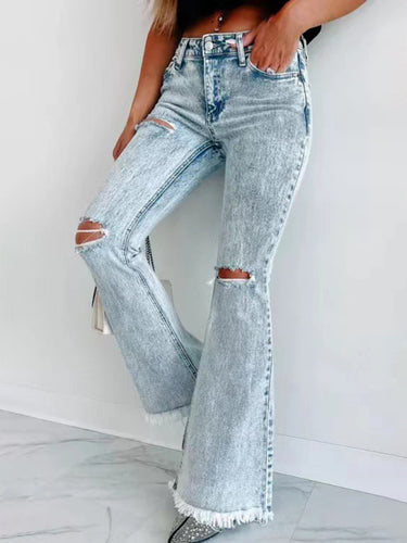 Acid Wash Distressed Flare Leg Jeans